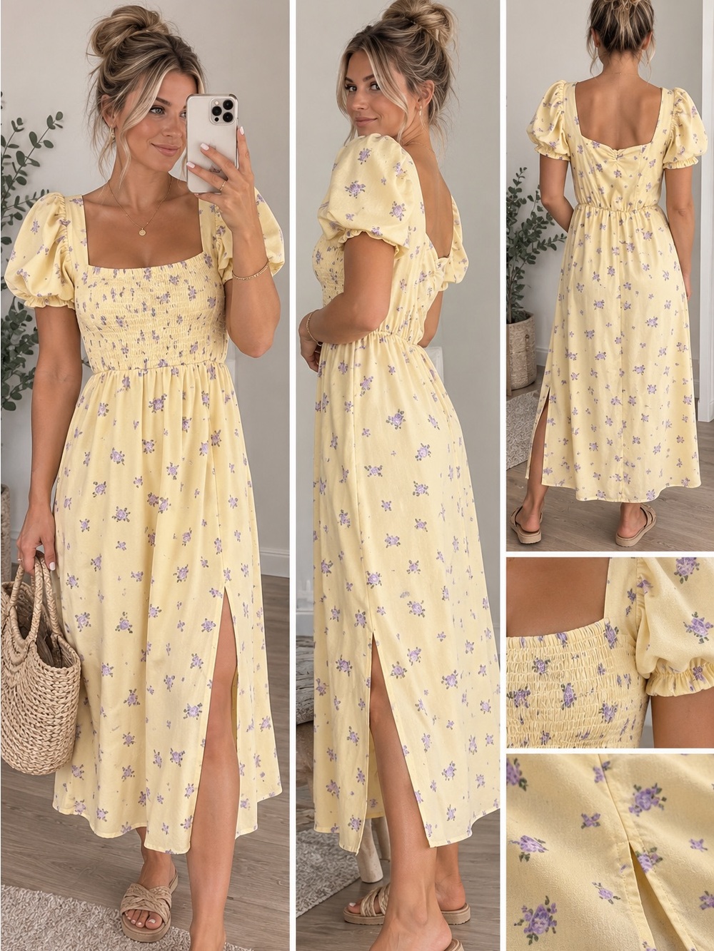 Smocked Puff-Sleeve Yellow Floral Midi Dress